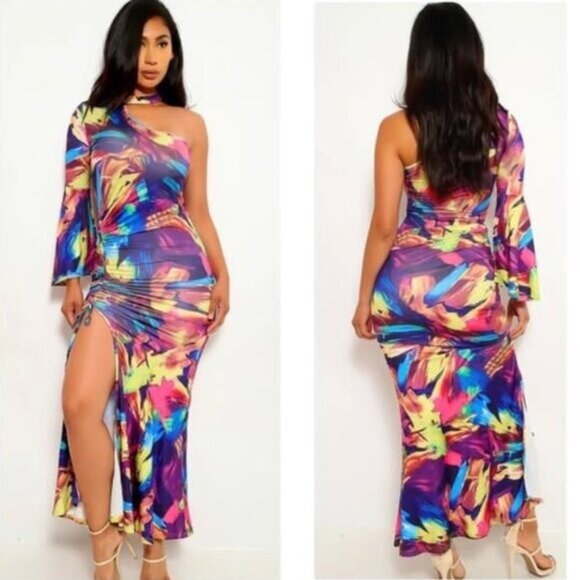 Dresses & Skirts - Sexy Colorful Midi Maxi One Shoulder Choker Neck Front Slit Ruched Bodycon Dress
